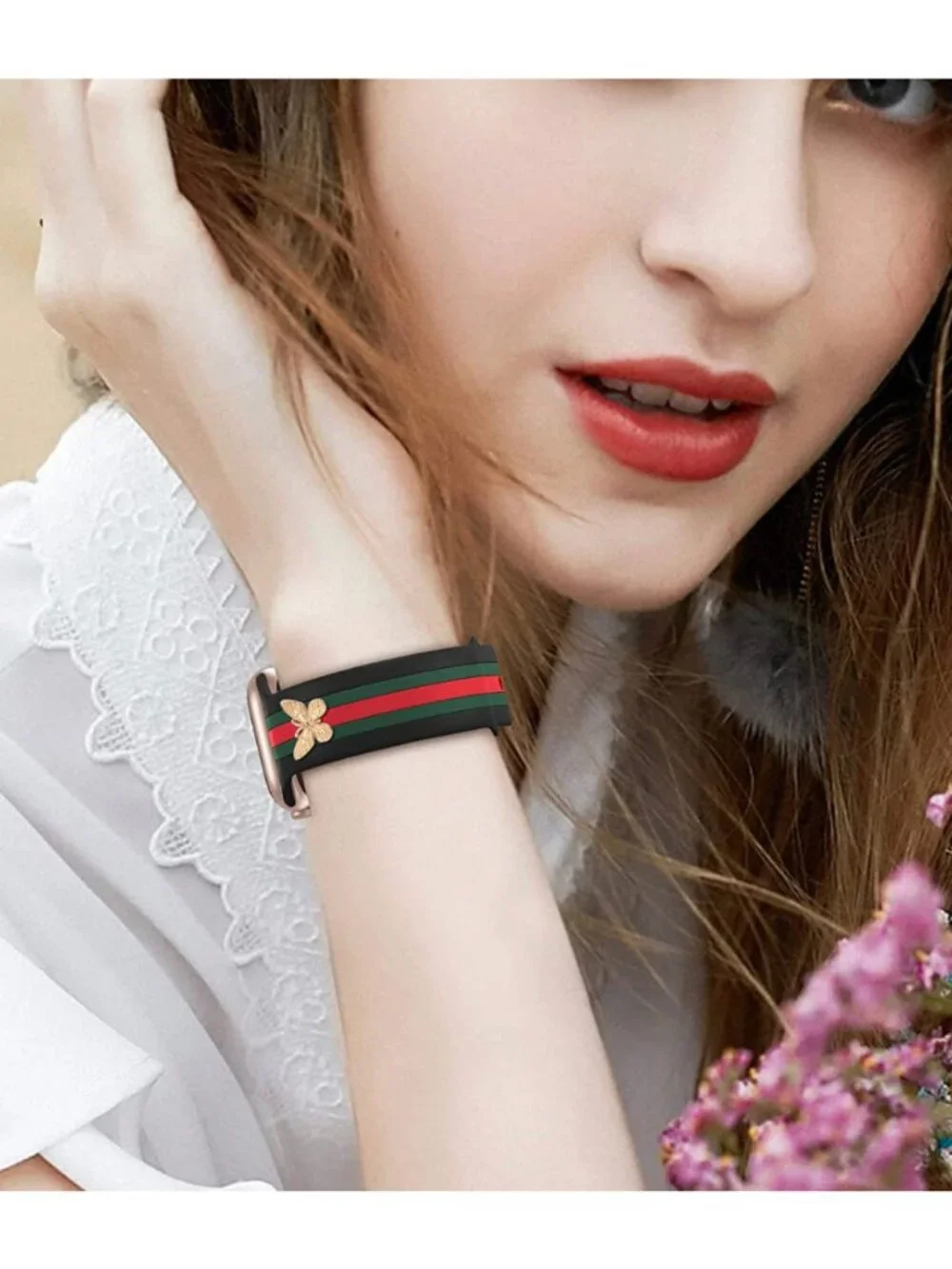 Silicone Watch Band- Black w/green/red stripe